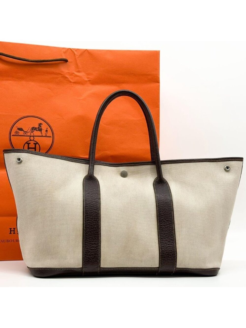 Hermes Garden Party PM Canvas Leather Officier Beige Tote Bag